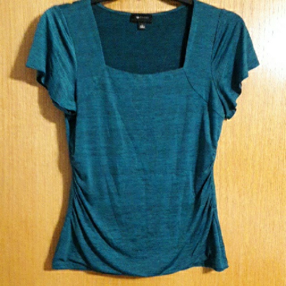 AB Studio Teal Short Sleeve Dressy Top W/ Ruched Sides, Square Neckline